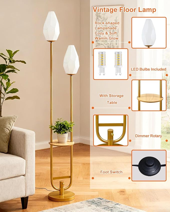Lightdot 63IN Gold Floor Lamp with Shelf, Mid Century U-Shaped Tall Standing Lamps with Rock-Shaped Shades& Bulb Included, Modern Floor Lamp for Living Room/Wedding/Party/Sofa Beside/Corner Decor