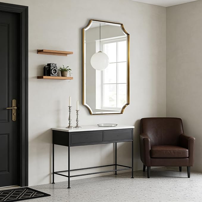 POZINO Brushed Gold Beveled Mirror, 24"x40" Modern Brass Bathroom Mirrors in Stainless Steel Frame, Rounded Rectangle Mirror for Vanity Bathroom Bedroom Living Room Fireplace Entryway
