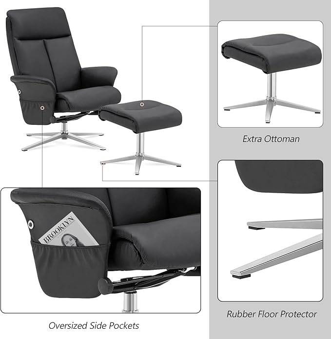 MCombo Swivel Recliner with Ottoman, Modern Heavy-Duty Aluminum Base, Faux Leather Lounge Chair for Small Space, Living Room, or Office 4603 (Black)
