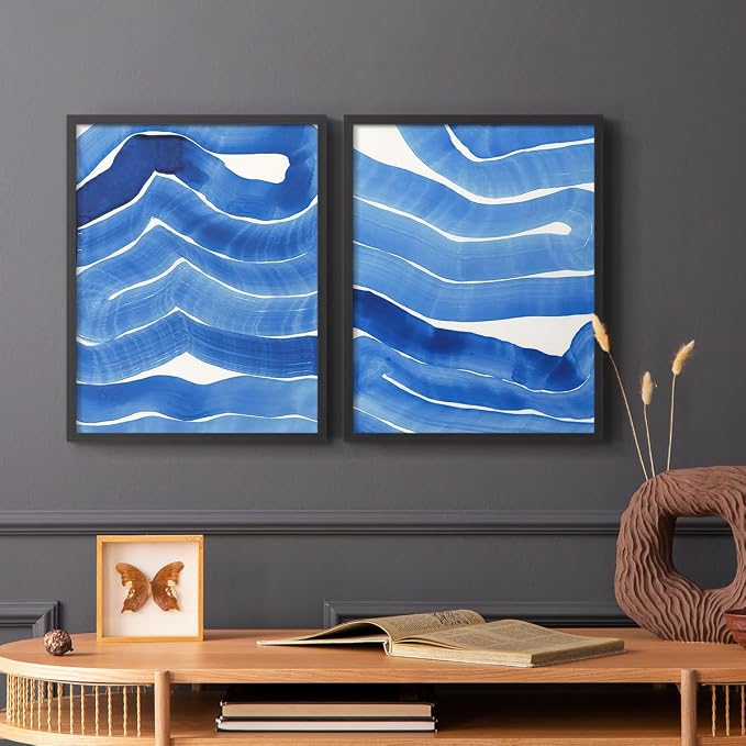 Renditions Gallery Set of 2 Peel & Stick Framed Prints, Watercolor Abstract Wall Art, Bold Brushstrokes in Shades of Blue Wall Decor, Re-Stickable - Ready to Hang - 22"x28" - Black Frame LT588