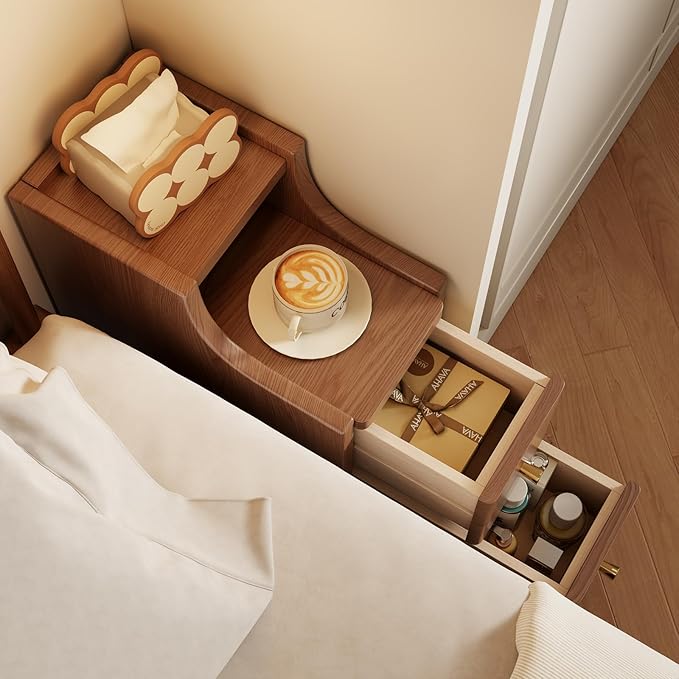 Narrow Nightstand with 2 Drawers,Walnut Nightstand,Bedside Table,Solid Wood Modern Bedside Table for Bedroom,Study,Toilet
