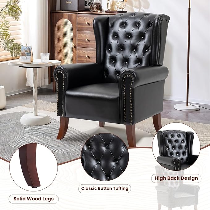 Modern Accent Chair Set of 2, Mid-Century Upholstered Wingback Armchair Club Sofa Chair with Wooden Legs, Living Room Chair for Bedroom, Balcony, Lounge (Blue Check)