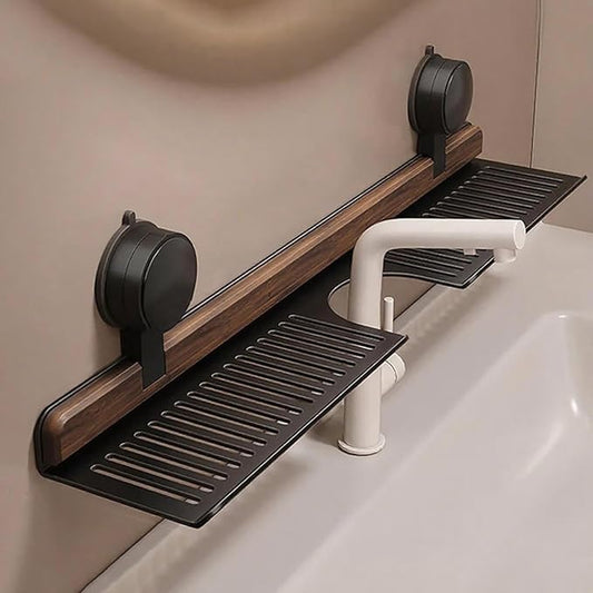 Walnut Bathroom Suction Cup Shelf - Wall Mounted Sink Shelf Over Faucet for Bathroom & Kitchen, Removable Suction Cup Sink Over Faucet Organizer, Floating Storage Countertop Shelves (Black_40CM)
