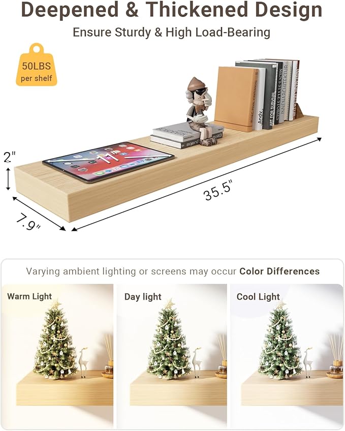 White Oak Floating Shelf for Wall, 2 Inch Thick Wood Floating Shelves Wall Mounted, 36" Long Shelves for Kitchen Bedroom Living Room,8" Deep Floating Book Shelves Set of 2, 50LB Capacity