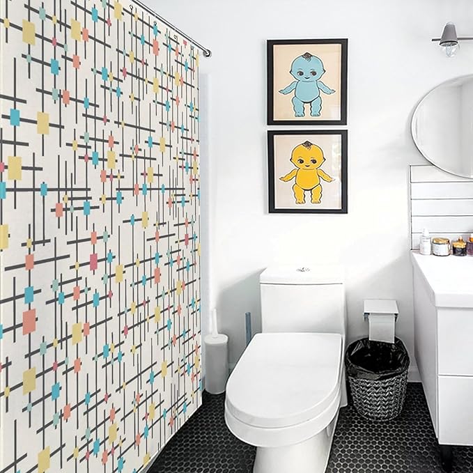 Mid Century Shower Curtain,Retro Atomic Geometric Abstract Iconic Pattern Bathroom Curtain Polyester Waterproof Fabric Decor 72x72in（183x183cm）