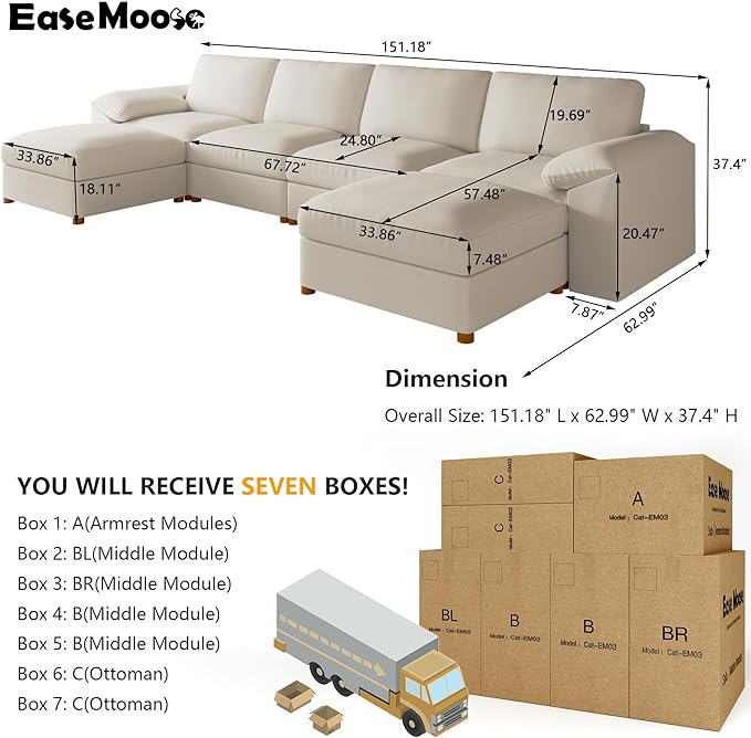 EASE MOOSE Faux Leather Sectional Couch for Living Room,Oversized Sectional Sofa with Deep Seat,Large U Shaped Couch,Modern Comfy Sofa Scratch Resistant Fabric,Beige