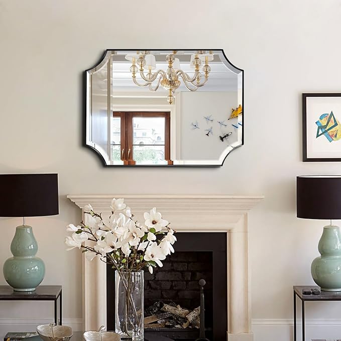 POZINO Rectangle Beveled Mirror, 22"x30" Scalloped Bathroom Mirror for Over Sink, Modern Irregular Shaped Mirrors, Wavy Vanity Wall Mirrors in Premium Frame, Wall Mount Hangs Horizontal Or Vertical