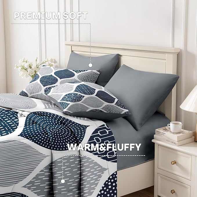 Nesker Comforter Set Full Size, Boho Bohemian Abstract Blue Gray 7 Pcs Bedding for Kids and Adults, Indigo Geometry Grey Bed Sheet Sets with Fitted Sheet 2 Pillowcases & 2 Shams