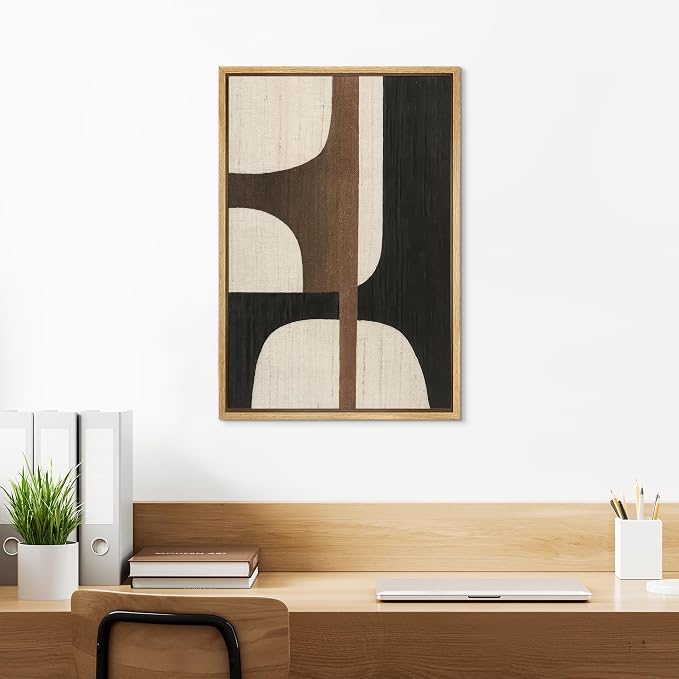 SIGNLEADER Framed Canvas Print Wall Art Bold Neutral Geometry in Black Brown and Ivory Abstract Illustration Modern Art Decorative Zen for Living Room, Bedroom, Office - 16"x24" NATURAL