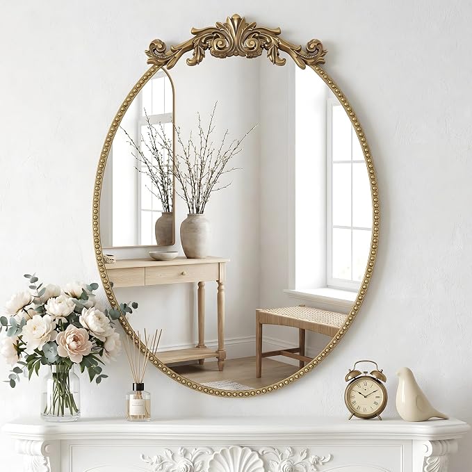 CozyDH Retro Gold Oval Wall Mirror Decor - 25x36 inch Ornate Baroque Style Beaded Metal Frame - Vintage Home Decor for Entryway, Foyer, Fireplace, Living Room, Hallway