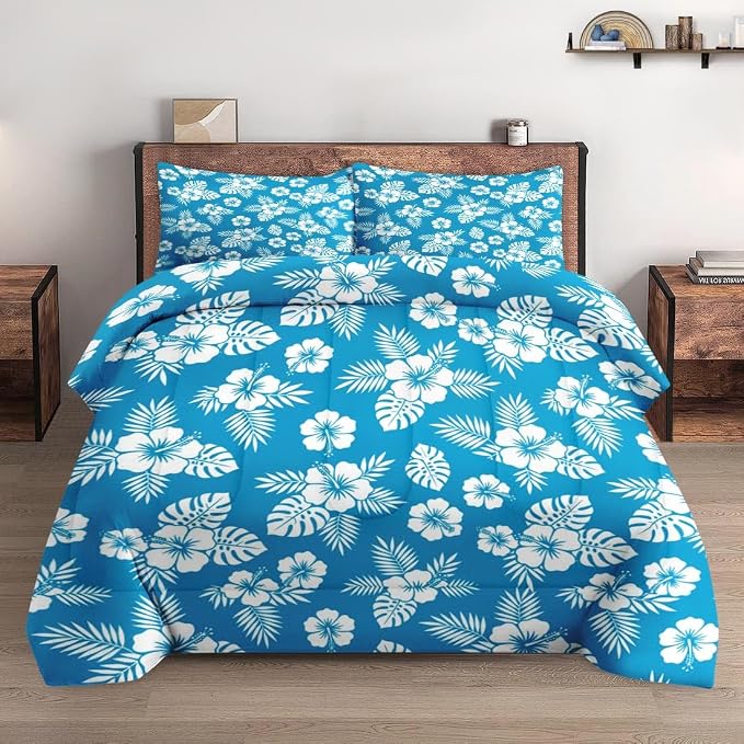 Pamnest Comforter Set Queen Size, Blue Hawaiian Flower Soft 3 Pcs Bedding for Kids and Adults, Hibiscus Beach Surf Comforter Set with 2 Pillowcases for Bedroom Bed Decor