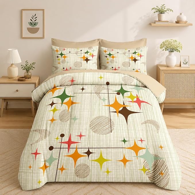 Nesker Comforter Set King Size, Retro Stars Brown 7 Pcs Bedding for Kids and Adults, Mid Century Vintage Bed Sheet Sets with Fitted Sheet 2 Pillowcases & 2 Shams
