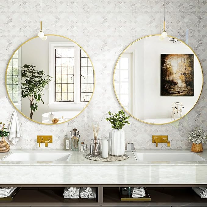 VooBang Gold Round Bathroom Mirror, 24 inch Circle Wall Mounted Hanging Mirror with Simple Modern Circular Metal Frame for Hallway, Entryway, Living Room, Gold Frame