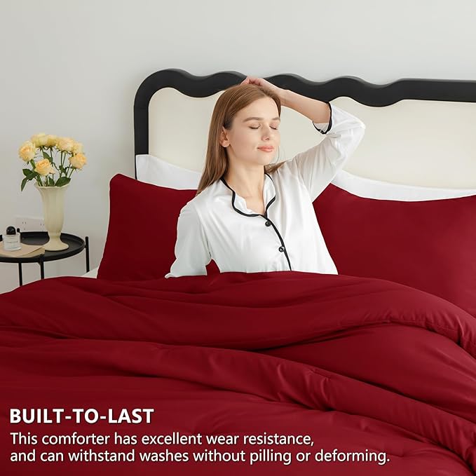 CozyLux Queen Comforter Set Dark Red, 3 Pieces Lightweight Comforters Queen Size Quilted Bedding Sets, All Season Breathable Solid Down Alternative Comforter with 2 Pillowcases, Bed Set Gift for Home