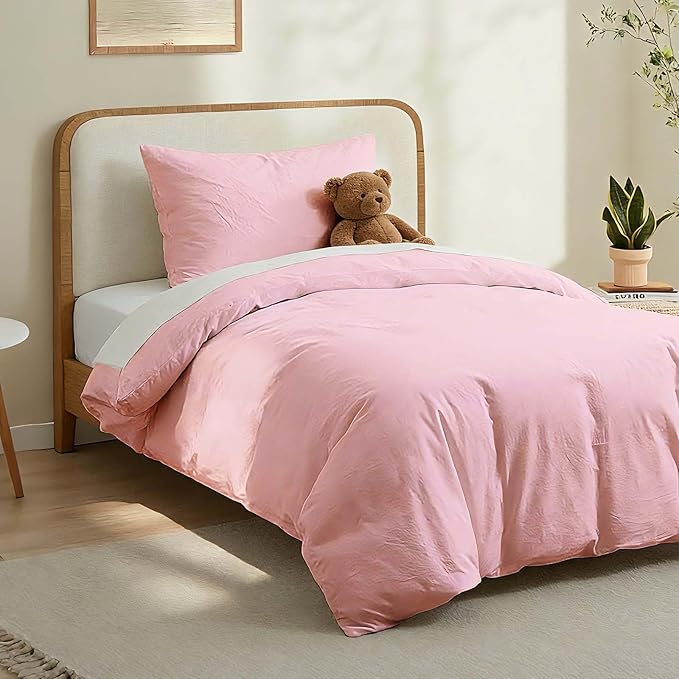 LOVQUE Pink Cotton Duvet Cover Twin Size, Linen Like Natural Bedding Set with Zipper Closure (No Comforter), 68x90 Inches
