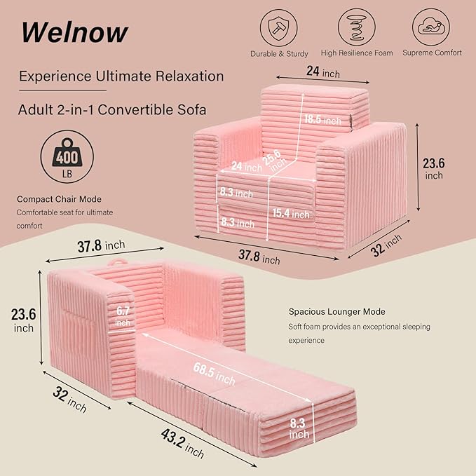 Welnow Folding Sofa Bed with Ottoman, Convertible 2-in-1 Boneless Couch Futon Lounge Chair Bed for Adults, Comfy Fold Out Sleeper Sofa for Small Spaces, Living Room, Bedroom, or Dorm, Pink