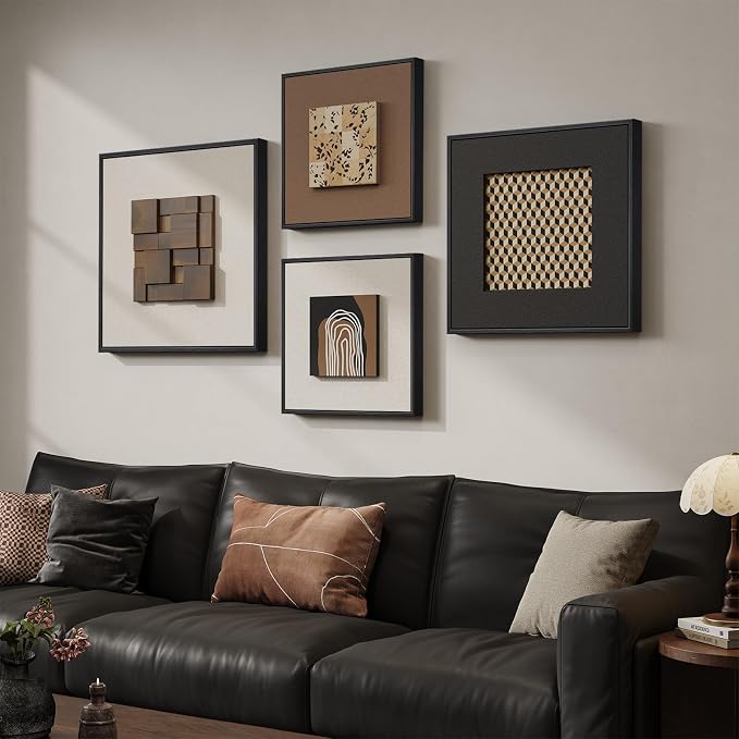 Large Framed Wood Wall Art for Living Room, 4 Piece 3D Abstract Modern Neutral Textured Wall Decor, Minimalist Black Brown Beige Geometric Wooden Artwork for Dining Room, Hallway, Office