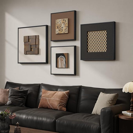 Large Framed Wood Wall Art for Living Room, 4 Piece 3D Abstract Modern Neutral Textured Wall Decor, Minimalist Black Brown Beige Geometric Wooden Artwork for Dining Room, Hallway, Office