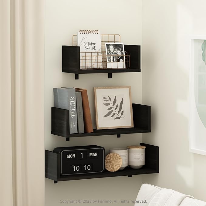Furinno Rossi Bedroom Decor Wall Mounted Floating Display Shelves with Invisible Brackets, Set of 3, Espresso