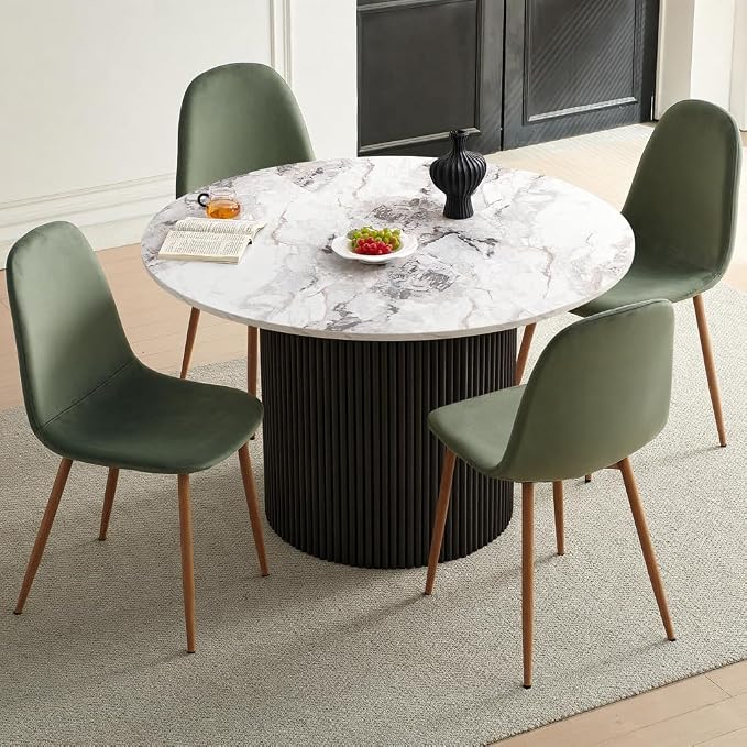 Dining Table Set for 4, Mid Century Modern 47 Inch White Marble-Look Wooden Round Dining Table Set, Space Saving (Table + 4 Green Chairs)