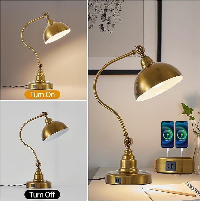 Antique Gold Vintage Desk Lamp Decorative Table Lamp for Home Office Living Room Bedroom Desk Light, Rustic Industrial Farmhouse Antique Library Study Desk Lamp E26 LED Bulb Included