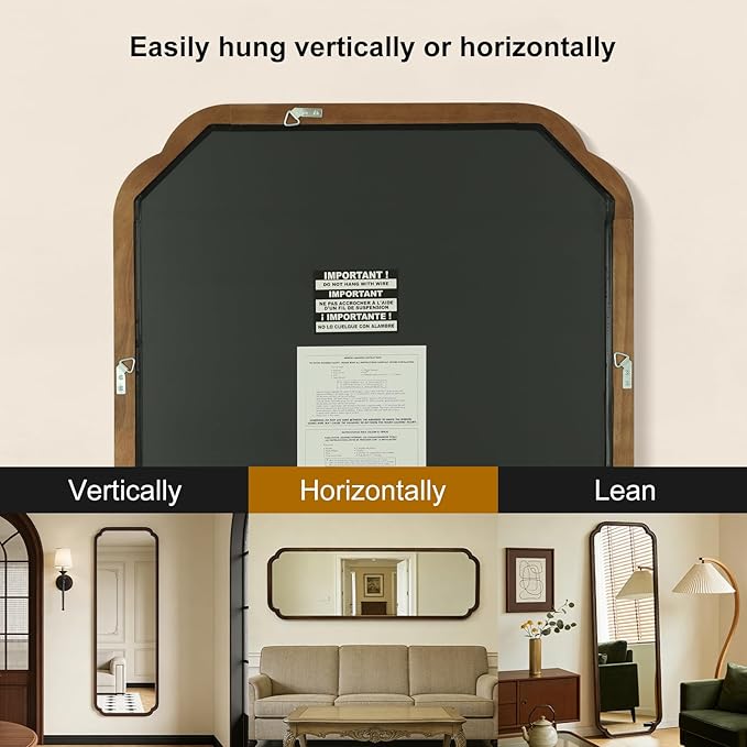 HOMECOOKIN Full Length Mirror Wall Mounted, Rustic Wooden Frame Floor Mirror, Rounded Corner Large Full Body Mirror for Bedroom,Dressing Room， Leaning or Hanging Against Wall (Walnut, 22" L x 65" W)