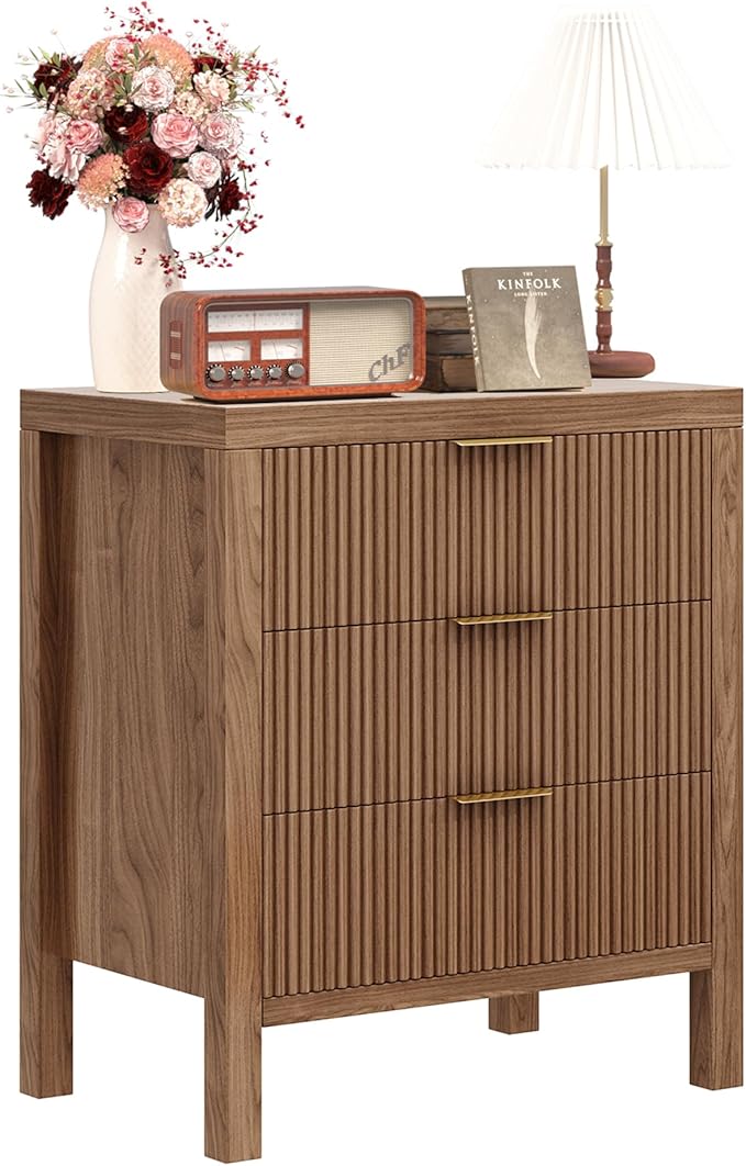 Nightstand with 3 Drawers, Dresser and Nightstand Sets, Bedside Tables, Mid Century Nightstands with 3 Wide Drawers for Bedroom, Kids’ Room, Hallway - Walnut