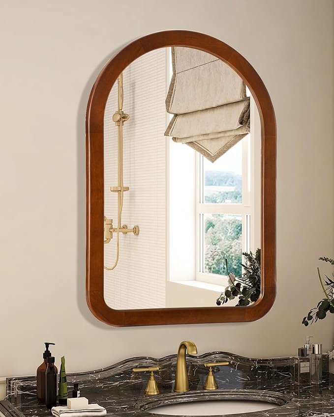 Arched Mirror 22 x 30 Inch,Walnut Brown Wood Rustic Bathroom Tempered Wall Mirror with Wood Frame,Round Corner Arch Farmhouse Wooden Vanity Mirror for Living Room,Entryway or Bedroom