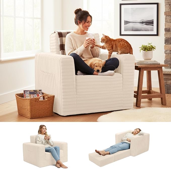 Welnow Folding Sofa Bed with Ottoman, Convertible 2-in-1 Boneless Couch Futon Lounge Chair Bed for Adults, Comfy Fold Out Sleeper Sofa for Small Spaces, Living Room, Bedroom, or Dorm, Beige