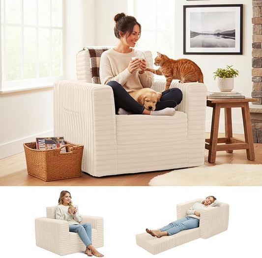 Welnow Folding Sofa Bed with Ottoman, Convertible 2-in-1 Boneless Couch Futon Lounge Chair Bed for Adults, Comfy Fold Out Sleeper Sofa for Small Spaces, Living Room, Bedroom, or Dorm, Beige