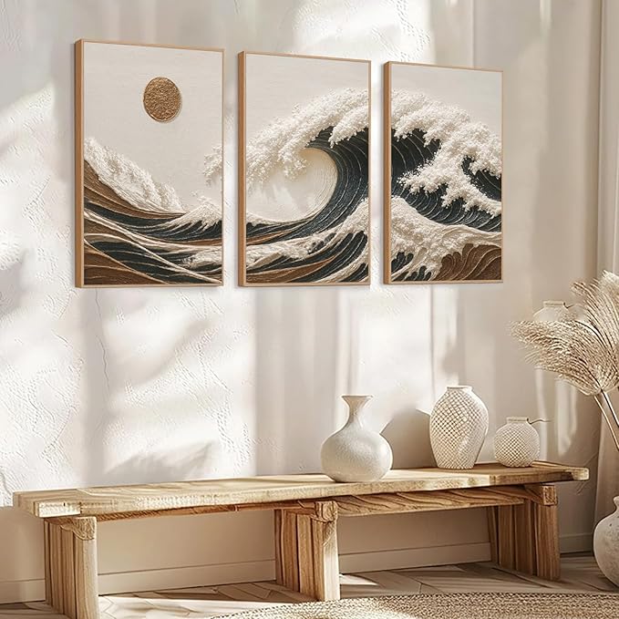 HLNIUC Great Wave Sunset Framed Canvas Wall Art,Abstract Sun Seascape Art Decor Set of 3(24”x36”) Modern Ocean Beach Art Print,Large Sea Wave Pictures Framed Wall Painting for Living Room,Bedroom