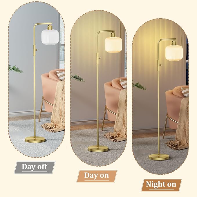 Glass Floor Lamp for Living Room, Modern Standing Lamp with White Glass Lampshade & Brushed Gold, Stepless Dimmable and Rotary Switch, 66” Tall Lamp & Gold Floor Lamp for Bedroom Study Room