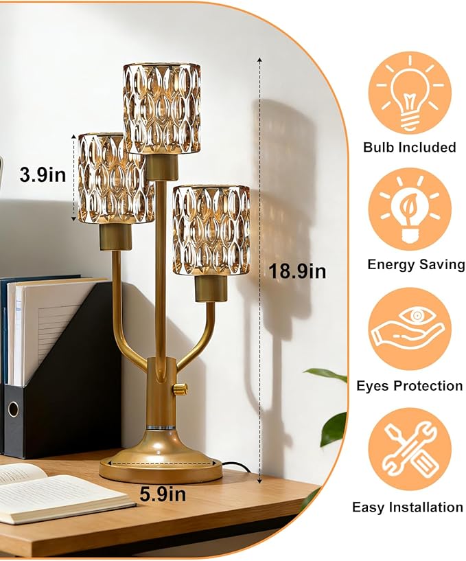 Lightdot Mid Century Modern Table Lamp for Bedroom Dimmable Nightstand Lamp Vintage Gold Desk Lamp Amber Glass 3 Bulbs Included Warmwhite Ambient Bedside Lamps for Living Room Home Office Decor Gift