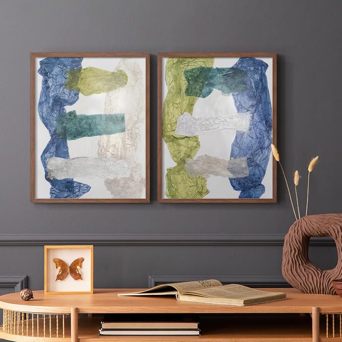 Renditions Gallery Set of 2 Peel & Stick Framed Prints, Elegant Abstract Wall Art, Dyed Cloth Texture Wall Decor, Re-Stickable - Ready to Hang - 8"x10" - Walnut Frame LT588