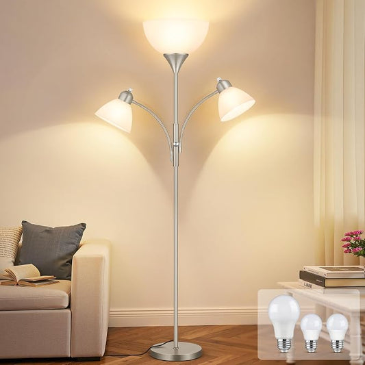 Coucrek Torchiere Floor Lamps for Living Room,72" Dimmable Lamp with 2 Adjustable Reading Lights for Bedroom, Tall Standing Room Lamp, 3 Bulbs Included