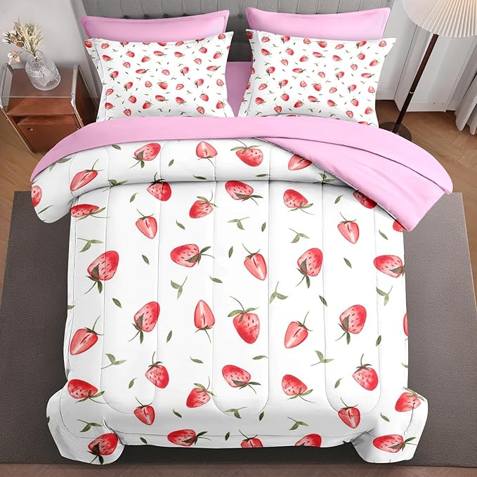 7Pcs Comforter Set Full Size, Cute Red Strawberry Fruit, Bedding Decor Pink Strawberries Party Girly Bedroom Bed Set with Flat Sheet Fitted Sheet Pillowcases Shams for Kids and Adults
