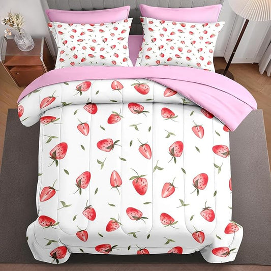7Pcs Comforter Set Full Size, Cute Red Strawberry Fruit, Bedding Decor Pink Strawberries Party Girly Bedroom Bed Set with Flat Sheet Fitted Sheet Pillowcases Shams for Kids and Adults