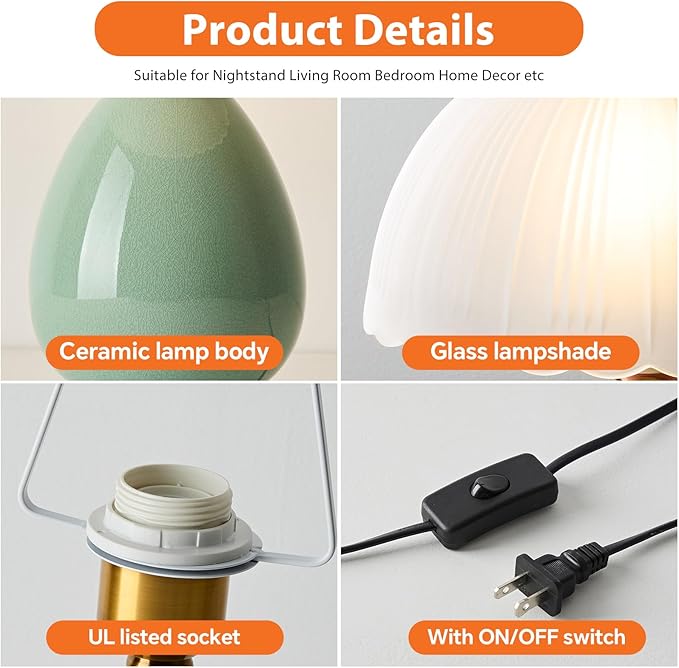 Ceramic Table lamp, Modern Bedside Lamps Green Mid Century Vintage Desk Lamp Retro Glass Mushroom Traditional Lamp for Nightstand Living Room Bedroom Home Decor (S04GN-1PACK)