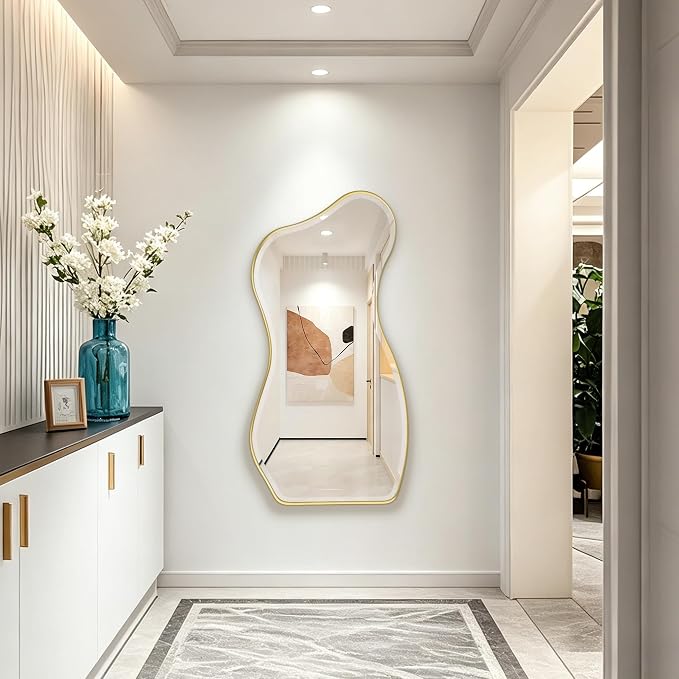 POZINO Irregular Beveled Mirror, 53"x25" Large Asymmetrical Aesthetic Wall Mirror with Gold Metal Frame, Organic Shape Floor Mirrors for Entryway Living Room Bedroom Hallway, Leaning/Wall-Mount