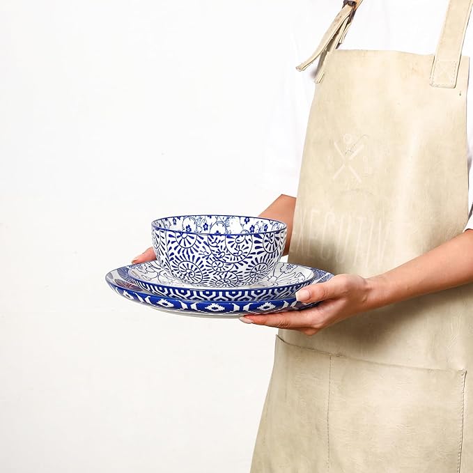 Selamica Ceramic Plates and Bowls Sets,18 Pieces Retro Floral Dinnerware Sets for 6,Dishwasher & Microwave Safe dish set,Family & Holiday Dining, Vintage Blue