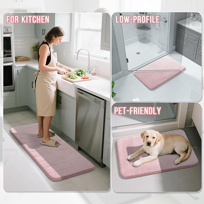 Yimobra Pink Bath Mat 31.5x20 Inch, Super Soft Absorbent Memory Foam Bathroom Rug Non Slip, Quick Dry, Machine Washable Floor Carpet for Tub Shower, Home Decor Accessories