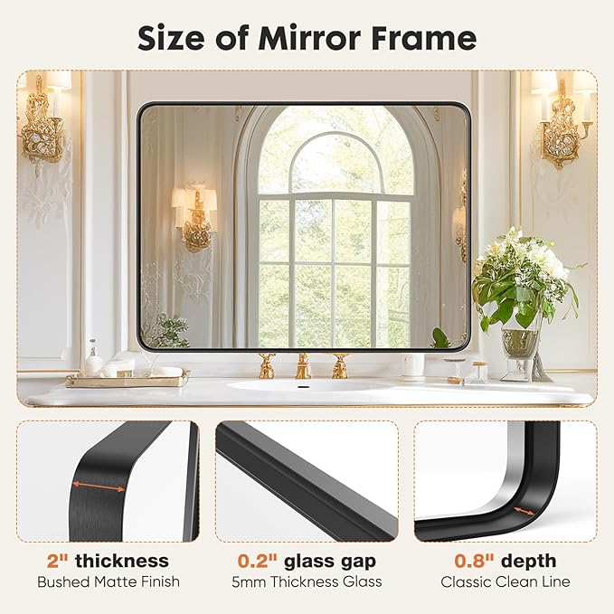 Sweetcrispy Bathroom Mirror 30x22 Inch Black Metal Framed Rounded Rectangle Vanity Mirror for Wall, Over Sink, Farmhouse, Restroom, Anti-Rust, Modern Decorative, Horizontal or Vertical Hanging