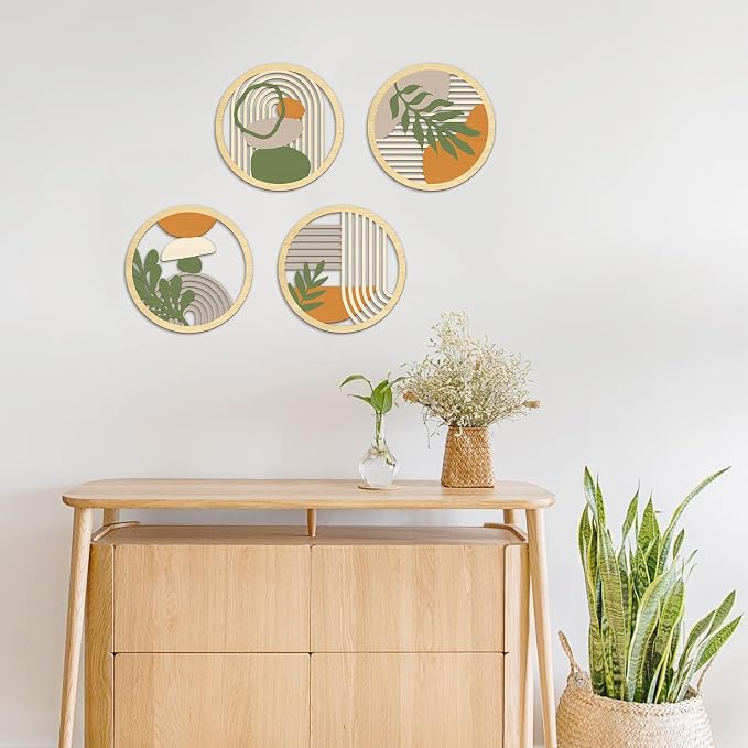 TOARTi 4Pieces Boho Botanical Wooden Wall Art,Abstract Bohemian Hanging Art,Farmhouse Geometric Neutral Round Wall Decor,Mid Century Minimalist Aesthetic Plant Artwork for Bedroom Living Room Office