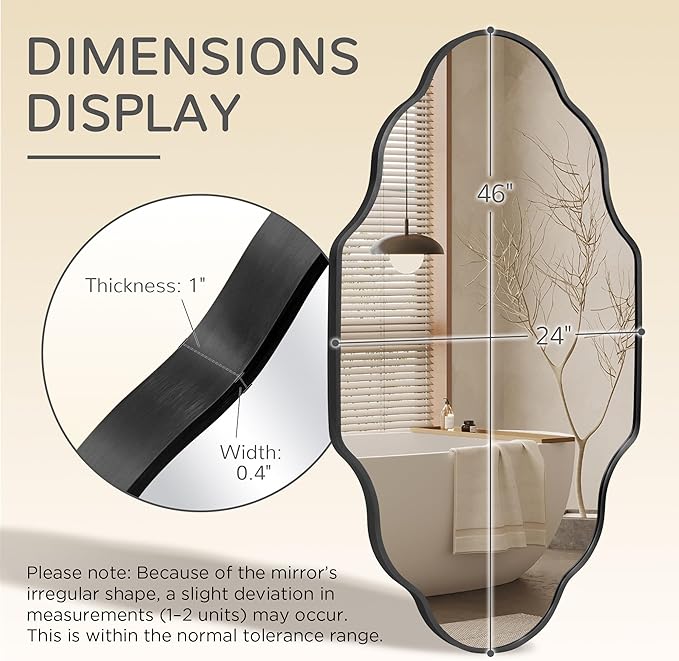 Black Scalloped Bathroom Mirror, Irregular Wall Mirror with Brushed Metal Frame, HD Glass Decorative Mirror for Wall Decor, Vanity Mirror for Bathroom, Bedroom & Entryway (26" x 46", 1 Pack)