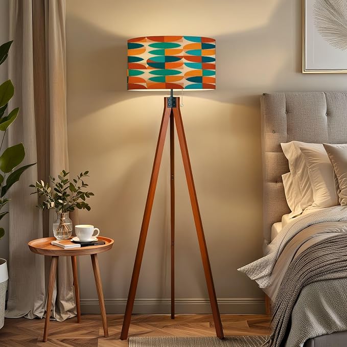 Wood Tripod Floor Lamp Abstract Geometric Blue Orange Colors Mid Century Mid Century Standing Lamp Linen Shade Dimmable Modern Tall lamp Home Decor for Living Room Bedroom Office