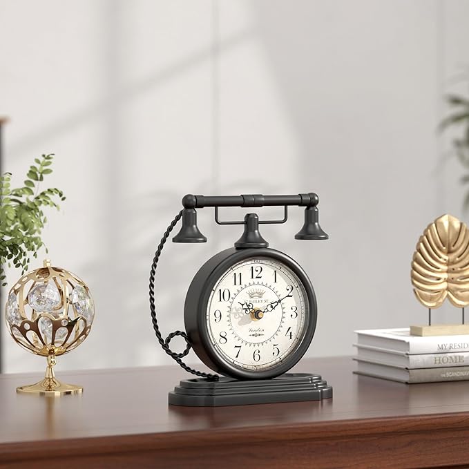 Vintage Table Clock, Desk and Shelf Decor Clock, Black Antique Telephone Style Mantel Clocks, for Living Room, Farmhouse, Bedroom, Bedside, Gift (7.3" H x 7.3" W)