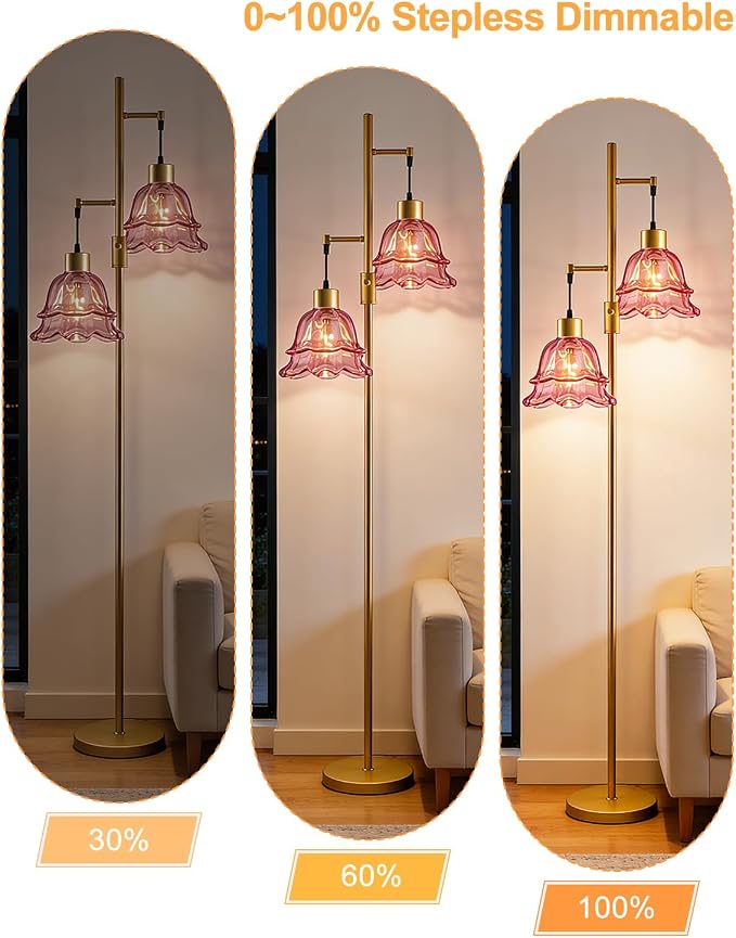 2-Light Modern Glass Floor Lamp, Gold Tall Standing Lamp with Deep Red Tulip Glass Shade for Reading, Dimmable LED Floor Lamp with 5Lbs Heavy Base for Living Room Bedroom Home Decor, Bulb Included