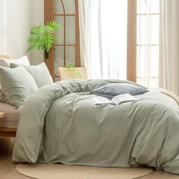 BESTOUCH Duvet Cover Set 100% Washed Cotton Linen Feel Super Soft Comfortable Chic Lightweight 3 PCs Home Bedding Set Solid Sage Green Alaska King
