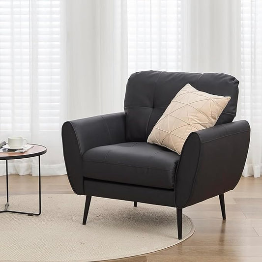 TYBOATLE Accent Chair Comfy Modern Living Room Chair Black Leather Reading Accent Chairs Tufted Mid Century Moden Arm Chair Small Salon Chair for Office Bedroom (1, Black)