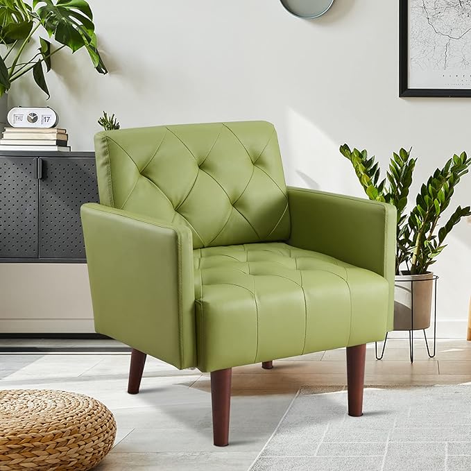 Faux Leather Accent Chair Modern PU Armchair, Retro Tufted Upholstered Arm Chair, Comfy Leather Club Chair Single Sofa for Living Room, Bedroom, Reading Room, Apartment(Green)